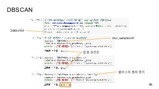 DBSCAN
66
2063x100
min_samples=5
잡음 포인트
클러스터 범위 증가
 