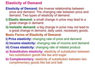 Elasticity of Demand
Elasticity of Demand: the inverse relationship between
price and demand. The changing rate between price and
demand. Two types of elasticity of demand:
i) Elastic demand: a small change in price may lead to a
great change in demand.
ii) Inelastic demand: a big change in price may not lead to
a great change in demand, daily used, necessary goods.
Basic Forms of Elasticity of Demand:
i) Price elasticity: changing rate of price and demand
ii) Income elasticity: changing rate of income and demand
iii) Cross elasticity: changing rate of related product
a) Substitution elasticity: elasticity of substitution between
two substitution goods like tea and sugar.
b) Complementary: elasticity of substitution between two
complimentary goods like bat and ball.
 