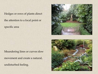 Hedges or rows of plants direct
the attention to a focal point or
specific area
Meandering lines or curves slow
movement and create a natural,
undisturbed feeling.
 