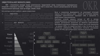 29
OBJECTIVES & KEY RESULTS (OKR)
OKR – относительно молодая теория целеполагания, предоставляет метод синхронизации индивидуальных
ожиданий и командных установок. Разработан в компании Intel в начале 90-х, получил распространение во многих
технологических компаниях, таких как Google, LinkedIn, Oracle.
Vision
Mission
Goals
Strategies
Tactics
Action Plans
Long
Term
Current
Year
Current
Quarte
Now
Key
Result 1
Key
Result 2
Quarterly
Objective 1
Quarterly
Objective 2
Quarterly
Objective 3
Mission &
Vision
Annual
Objective 1
Annual
Objective 2
To-do
To-do
Mission &
Vision
To-do
To-do
To-do
To-do
Key Result 1 Key Result 2 Key Result 3
Objective 1 Objective 2 Objective 3
How
What
 