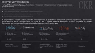 30
OBJECTIVES & KEY RESULTS (OKR)
Метод OKR имеет целый ряд достоинств по отношению к традиционным методам управления
целеполаганием:
К недостаткам метода следует отнести необходимость в достаточно передовой системе управления, способности
рассматривать такие альтернативы как Agile и т.п. Другим важным качеством является широкая поддержка
современными информационными системами (сервисами для ведения OKR):
$7.95 per user
15 days-day free trial
S / M / L
€7-€32 per user
14 days-day free trial
S / M
Vattenfall, AirBnB,
Tradedoubler, VE Interactive
Whole Foods, Mavrck,
Ebury, Zlien,
TrendWatching, FT
$12-18 per user
14 days-day free trial
M / L / XL
AOL, BMW, Schneider
Electric, Kroger, GoPro, Sony
Music
$7-$14 per user, per month
14 days-day free trial
S/M/L
Indeed, Citrix, Spotify,
MailChimp, LinkedIn,
JustFab
free
S
Не известно
 