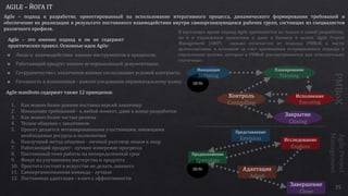ЦЕЛЬ
ЦЕЛЬ
35
AGILE – ЙОГА IT
Agile – подход к разработке, ориентированный на использование итеративного процесса, динамического формирования требований и
обеспечение их реализации в результате постоянного взаимодействия внутри самоорганизующихся рабочих групп, состоящих из специалистов
различного профиля.
Agile – это именно подход и он не содержит
практических правил. Основные идеи Agile:
1. Как можно более ранняя поставка версий заказчику
2. Изменения требований - в любой момент, даже в конце разработки
3. Как можно более частые релизы
4. Тесное общение с заказчиком
5. Проект делается мотивированными участниками, имеющими
необходимые ресурсы и полномочия
6. Наилучший метод общения - личный разговор лицом к лицу
7. Работающий продукт - лучшее измерение прогресса
8. Постоянный темп работы на неопределенный срок
9. Фокус на улучшениях мастерства и продукта
10. Простота состоит в искусстве не делать лишнего
11. Самоорганизованная команда - лучшая
12. Постоянная адаптация - ключ к эффективности
Agile manifesto содержит также 12 принципов:
Инициация
Initiating
Планирование
Planning
Контроль
Controlling
Исполнение
Executing
Закрытие
Closing
Представление
Envision
Предположение
Speculate
Адаптация
Adapt
Исследование
Explore
Завершение
Close
В настоящее время подход Agile применяется не только к самой разработке,
но и к управлению проектами и даже к бизнесу в целом. Agile Project
Management (AMP) сильно отличается от подхода PMBoK в части
целеполагания, в основном за счет применения итерационного подхода к
управлению целями, которые в PMBoK рассматриваются как относительно
статичные:
 