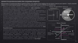 36
ЦЕННОСТИ ЦЕЛЕПОЛАГАНИЯ ПРИ СОЗДАНИИ ПРОДУКТА
Предположим, что результатом Вашего проекта должен стать продукт. Тогда (забудем пока про время и деньги) цель проекта – создать хороший
продукт. А что такое хороший продукт? Это продукт, который имеет ценность (VALUE) для потребителя.
• Ценность, ее создание, основная цель проектов по формированию продуктов.
Исследование ценности, предположения о ней (value proposition) – часть
целеполагания, которая не может быть отделена от разработки;
• Стоимость всегда субъективна, изменчива и хрупка. Все предположения о
ценности верные здесь и сейчас – не верны там и тогда. Этот тезис можно
зафиксировать, как закон: VALUE IS SUBJECTIVE, VOLATILE & FRAGILE ;
• Создание ценности есть первичный риск проектов по разработке продуктов,
реагируя на который необходимо иметь план управления ценностью;
• Ценность никогда не равна стоимости продукта, каков бы он не был. Известное
выражение Уоррена Баффета гласит: “Price is what your pay, Value is what you get”;
• Целью не может служить финансовый результата сам по себе. Для достижения
цели нужны поддерживающие отношения тех, кто за нее борется;
• При разработке ценности необходимо иметь ввиду, что потребителем движут
потребности, желания и страхи (опасения), сумма которых и дает необходимую
ценность. Продукт же опирается на особенности (features), опыт пользователя и
преимущества, которые он приносит против ожиданий пользователя. См. Value
Proposition Canvas;
• Неверным будет представлением, что лучший продукт обладает самым богатым
функционалом. Во-первых, многое зависит времени (вывода продукта на рынок
и времени использования продукта). Во-вторых, целевые характеристики
продукта могут быть разбиты на группы по атрибутам: ДОЛЖНО БЫТЬ,
ПРИВЛЕКАТЕЛЬНО, НЕЙТРАЛЬНО, НЕГАТИВНО. В третьих, потребительская
ценность может быть сведена к некоторому значению шкалы раздражение –
удовлетворенность. Таким образом, излишне навороченный продукт может
оказаться менее ценным по сравнению с более простым. См. Kano Model
Базовый продукт
Деликатес
 