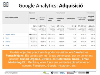 18
canmuntanyola.cat
Google Analytics: Adquisició
Un dels objectius principals és poder visualitzar els Canals i les
Fonts/Mitjans. Els canals són les “àreas genèriques” per on venen els
usuaris: Trànsit Orgànic, Directe, de Referència, Social, Email
Marketing Etc. Mentre que les fonts ens surten les plataformes en
concret: Facebook,, Google, Instagram, etc.
 