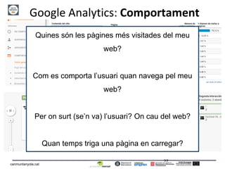 27
canmuntanyola.cat
Google Analytics: Comportament
Quines són les pàgines més visitades del meu
web?
Com es comporta l’usuari quan navega pel meu
web?
Per on surt (se’n va) l’usuari? On cau del web?
Quan temps triga una pàgina en carregar?
 
