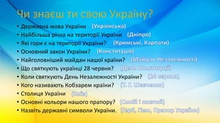• Державна мова України
• Найбільша річка на території України
• Які гори є на території України?
• Основний закон України?
• Найголовніший майдан нашої країни?
• Що святкують українці 28 червня?
• Коли святкують День Незалежності України?
• Кого називають Кобзарем країни?
• Столиця України
• Основні кольори нашого прапору?
• Назвіть державні символи України.
 