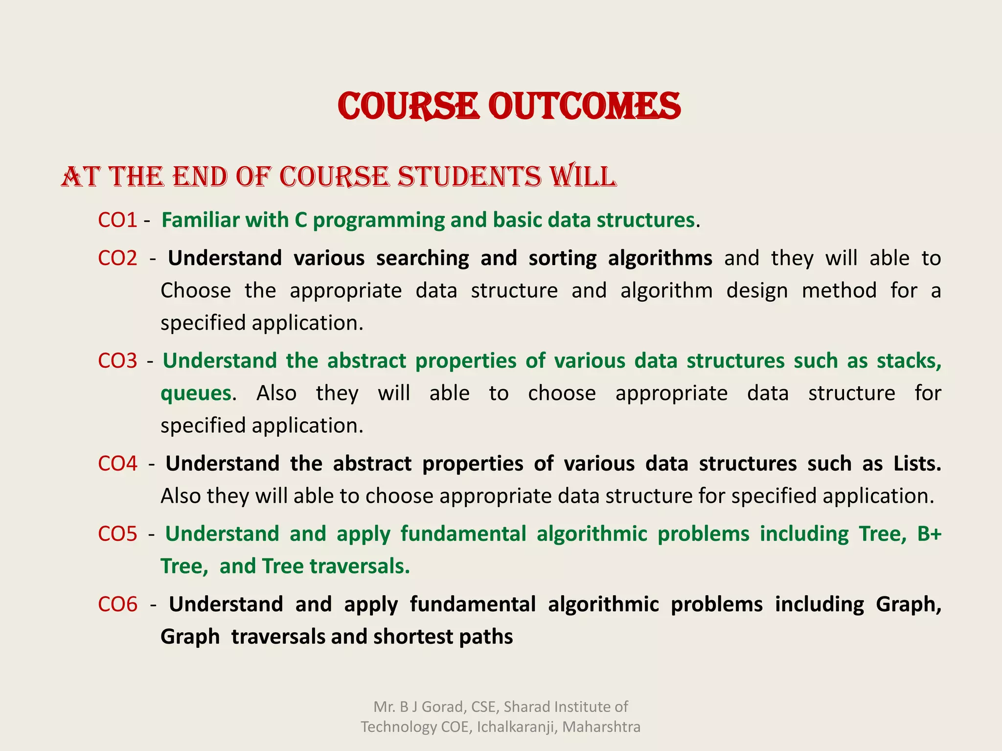 Course Outcomes
At the end of Course students will
CO1 - Familiar with C programming and basic data structures.
CO2 - Understand various searching and sorting algorithms and they will able to
Choose the appropriate data structure and algorithm design method for a
specified application.
CO3 - Understand the abstract properties of various data structures such as stacks,
queues. Also they will able to choose appropriate data structure for
specified application.
CO4 - Understand the abstract properties of various data structures such as Lists.
Also they will able to choose appropriate data structure for specified application.
CO5 - Understand and apply fundamental algorithmic problems including Tree, B+
Tree, and Tree traversals.
CO6 - Understand and apply fundamental algorithmic problems including Graph,
Graph traversals and shortest paths
Mr. B J Gorad, CSE, Sharad Institute of
Technology COE, Ichalkaranji, Maharshtra
 