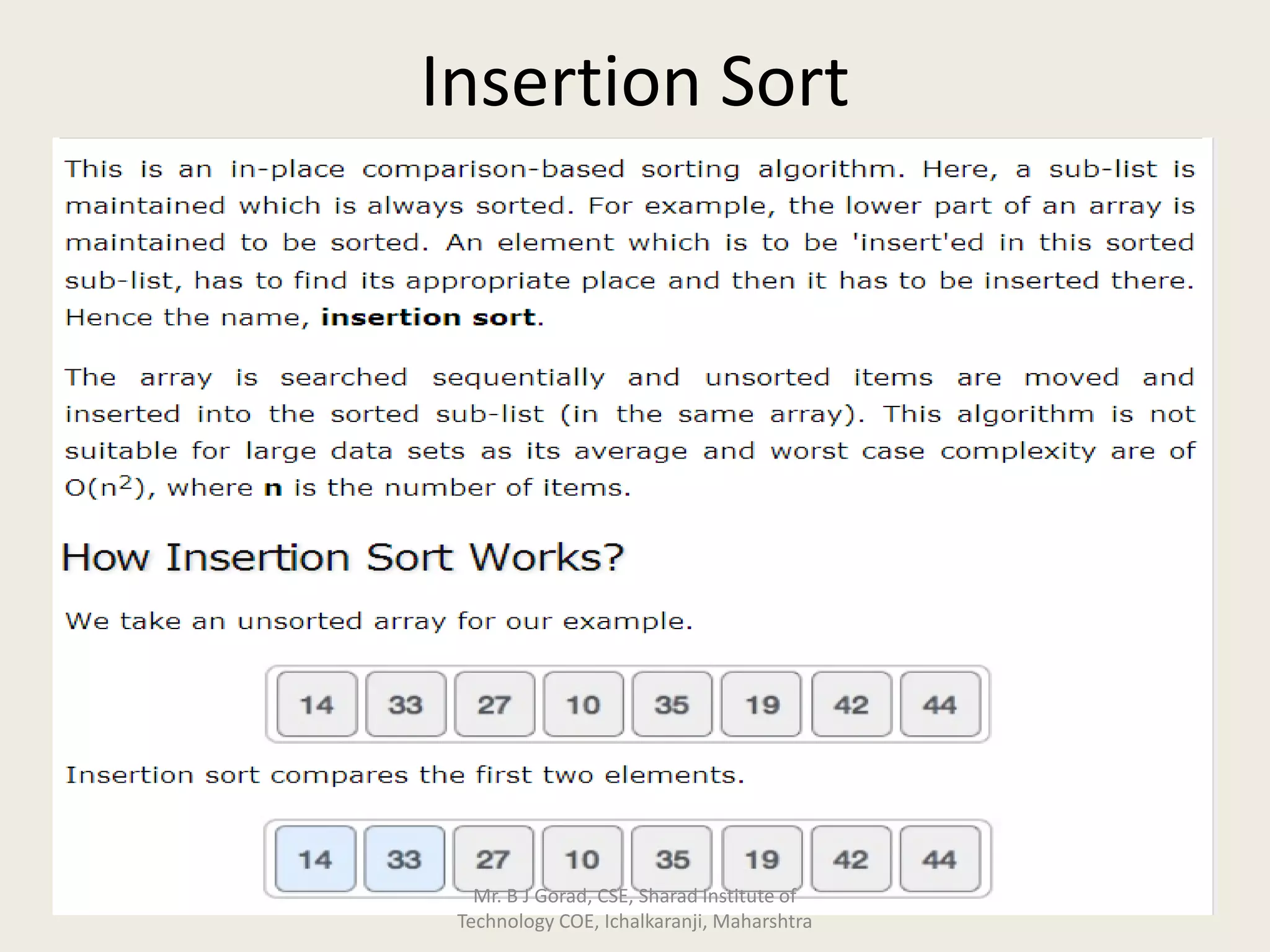 Insertion Sort
Mr. B J Gorad, CSE, Sharad Institute of
Technology COE, Ichalkaranji, Maharshtra
 