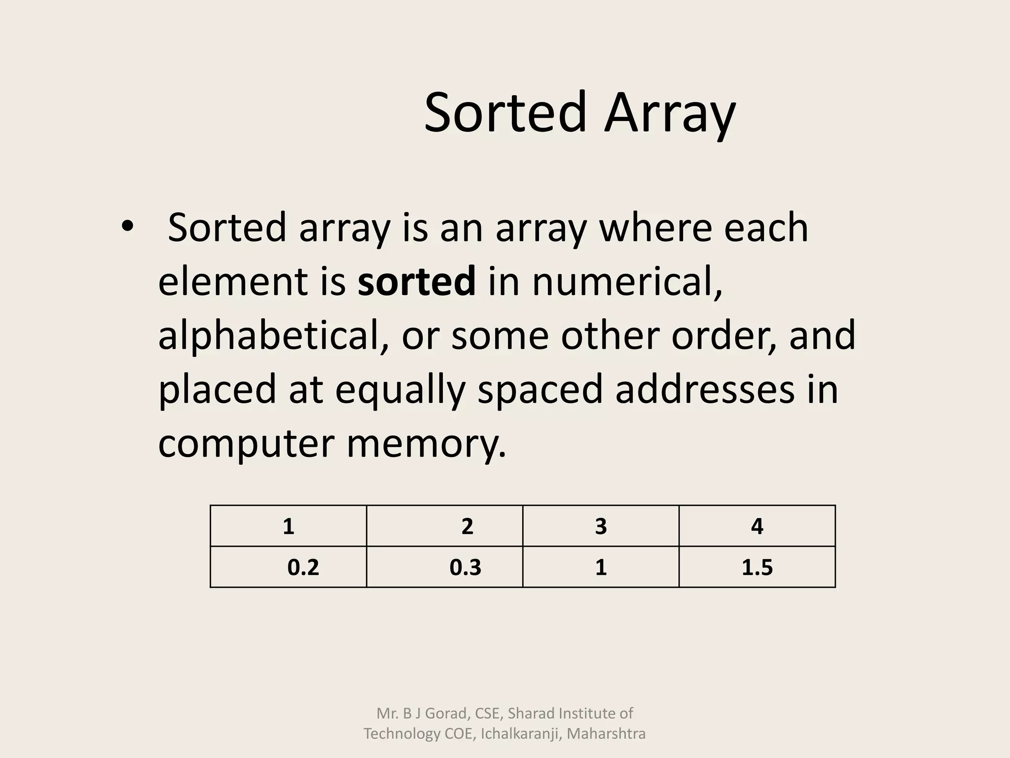 Sorted Array
• Sorted array is an array where each
element is sorted in numerical,
alphabetical, or some other order, and
placed at equally spaced addresses in
computer memory.
1 2 3 4
0.2 0.3 1 1.5
Mr. B J Gorad, CSE, Sharad Institute of
Technology COE, Ichalkaranji, Maharshtra
 