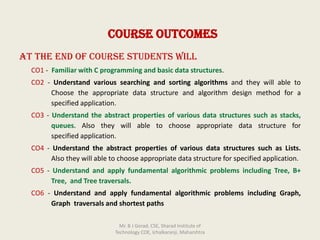 Course Outcomes
At the end of Course students will
CO1 - Familiar with C programming and basic data structures.
CO2 - Understand various searching and sorting algorithms and they will able to
Choose the appropriate data structure and algorithm design method for a
specified application.
CO3 - Understand the abstract properties of various data structures such as stacks,
queues. Also they will able to choose appropriate data structure for
specified application.
CO4 - Understand the abstract properties of various data structures such as Lists.
Also they will able to choose appropriate data structure for specified application.
CO5 - Understand and apply fundamental algorithmic problems including Tree, B+
Tree, and Tree traversals.
CO6 - Understand and apply fundamental algorithmic problems including Graph,
Graph traversals and shortest paths
Mr. B J Gorad, CSE, Sharad Institute of
Technology COE, Ichalkaranji, Maharshtra
 