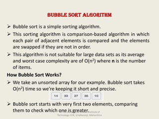 Bubble Sort Algorithm
➢ Bubble sort is a simple sorting algorithm.
➢ This sorting algorithm is comparison-based algorithm in which
each pair of adjacent elements is compared and the elements
are swapped if they are not in order.
➢ This algorithm is not suitable for large data sets as its average
and worst case complexity are of Ο(n2) where n is the number
of items.
How Bubble Sort Works?
➢ We take an unsorted array for our example. Bubble sort takes
Ο(n2) time so we're keeping it short and precise.
➢ Bubble sort starts with very first two elements, comparing
them to check which one is greater.Mr. B J Gorad, CSE, Sharad Institute of
Technology COE, Ichalkaranji, Maharshtra
 