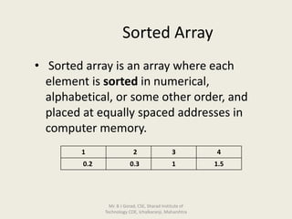 Sorted Array
• Sorted array is an array where each
element is sorted in numerical,
alphabetical, or some other order, and
placed at equally spaced addresses in
computer memory.
1 2 3 4
0.2 0.3 1 1.5
Mr. B J Gorad, CSE, Sharad Institute of
Technology COE, Ichalkaranji, Maharshtra
 