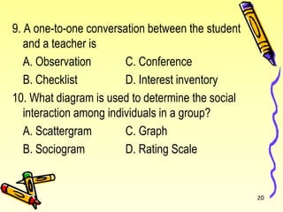 9. A one-to-one conversation between the student
and a teacher is
A. Observation C. Conference
B. Checklist D. Interest inventory
10. What diagram is used to determine the social
interaction among individuals in a group?
A. Scattergram C. Graph
B. Sociogram D. Rating Scale
20
 