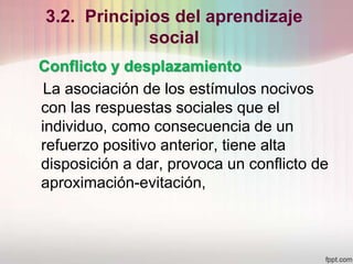 3.2. Principios del aprendizaje
social
Conflicto y desplazamiento
La asociación de los estímulos nocivos
con las respuestas sociales que el
individuo, como consecuencia de un
refuerzo positivo anterior, tiene alta
disposición a dar, provoca un conflicto de
aproximación-evitación,
 