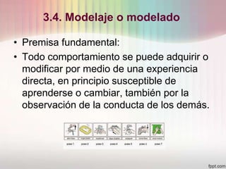 3.4. Modelaje o modelado
• Premisa fundamental:
• Todo comportamiento se puede adquirir o
modificar por medio de una experiencia
directa, en principio susceptible de
aprenderse o cambiar, también por la
observación de la conducta de los demás.
 