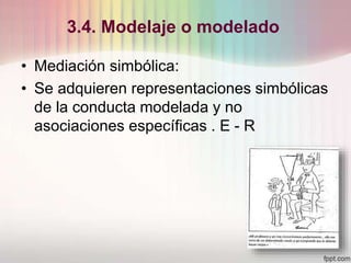 3.4. Modelaje o modelado
• Mediación simbólica:
• Se adquieren representaciones simbólicas
de la conducta modelada y no
asociaciones específicas . E - R
 