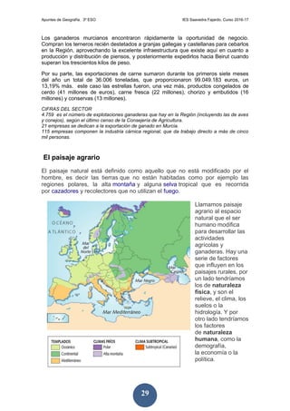 Apuntes de Geografía. 3º ESO IES Saavedra Fajardo. Curso 2016-17
29
Los ganaderos murcianos encontraron rápidamente la oportunidad de negocio.
Compran los terneros recién destetados a granjas gallegas y castellanas para cebarlos
en la Región, aprovechando la excelente infraestructura que existe aquí en cuanto a
producción y distribución de piensos, y posteriormente expedirlos hacia Beirut cuando
superan los trescientos kilos de peso.
Por su parte, las exportaciones de carne sumaron durante los primeros siete meses
del año un total de 36.006 toneladas, que proporcionaron 99.049.183 euros, un
13,19% más. este caso las estrellas fueron, una vez más, productos congelados de
cerdo (41 millones de euros), carne fresca (22 millones), chorizo y embutidos (16
millones) y conservas (13 millones).
CIFRAS DEL SECTOR
4.759 es el número de explotaciones ganaderas que hay en la Región (incluyendo las de aves
y conejos), según el último censo de la Consejería de Agricultura.
21 empresas se dedican a la exportación de ganado en Murcia.
115 empresas componen la industria cárnica regional, que da trabajo directo a más de cinco
mil personas.
El paisaje agrario
El paisaje natural está definido como aquello que no está modificado por el
hombre, es decir las tierras que no están habitadas como por ejemplo las
regiones polares, la alta montaña y alguna selva tropical que es recorrida
por cazadores y recolectores que no utilizan el fuego.
Llamamos paisaje
agrario al espacio
natural que el ser
humano modifica
para desarrollar las
actividades
agrícolas y
ganaderas. Hay una
serie de factores
que influyen en los
paisajes rurales, por
un lado tendríamos
los de naturaleza
física, y son el
relieve, el clima, los
suelos o la
hidrología. Y por
otro lado tendríamos
los factores
de naturaleza
humana, como la
demografía,
la economía o la
política.
 