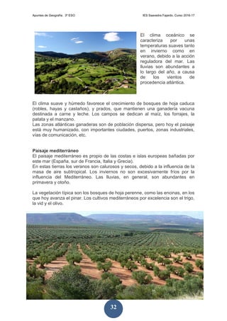 Apuntes de Geografía. 3º ESO IES Saavedra Fajardo. Curso 2016-17
32
El clima oceánico se
caracteriza por unas
temperaturas suaves tanto
en invierno como en
verano, debido a la acción
reguladora del mar. Las
lluvias son abundantes a
lo largo del año, a causa
de los vientos de
procedencia atlántica.
El clima suave y húmedo favorece el crecimiento de bosques de hoja caduca
(robles, hayas y castaños), y prados, que mantienen una ganadería vacuna
destinada a carne y leche. Los campos se dedican al maíz, los forrajes, la
patata y el manzano.
Las zonas atlánticas ganaderas son de población dispersa, pero hoy el paisaje
está muy humanizado, con importantes ciudades, puertos, zonas industriales,
vías de comunicación, etc.
Paisaje mediterráneo
El paisaje mediterráneo es propio de las costas e islas europeas bañadas por
este mar (España, sur de Francia, Italia y Grecia).
En estas tierras los veranos son calurosos y secos, debido a la influencia de la
masa de aire subtropical. Los inviernos no son excesivamente fríos por la
influencia del Mediterráneo. Las lluvias, en general, son abundantes en
primavera y otoño.
La vegetación típica son los bosques de hoja perenne, como las encinas, en los
que hoy avanza el pinar. Los cultivos mediterráneos por excelencia son el trigo,
la vid y el olivo.
 