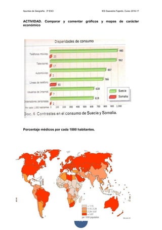 Apuntes de Geografía. 3º ESO IES Saavedra Fajardo. Curso 2016-17
71
ACTIVIDAD. Comparar y comentar gráficos y mapas de carácter
económico
Porcentaje médicos por cada 1000 habitantes.
 
