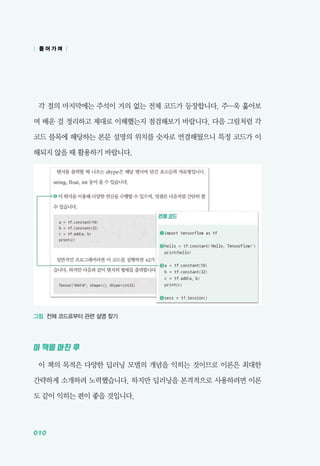 010
각 절의 마지막에는 주석이 거의 없는 전체 코드가 등장합니다. 주~욱 훑어보
며 배운 걸 정리하고 제대로 이해했는지 점검해보기 바랍니다. 다음 그림처럼 각
코드 블록에 해당하는 본문 설명의 위치를 숫자로 연결해뒀으니 특정 코드가 이
해되지 않을 때 활용하기 바랍니다.
그림 전체 코드로부터 관련 설명 찾기
이 책을 마친 후
이 책의 목적은 다양한 딥러닝 모델의 개념을 익히는 것이므로 이론은 최대한
간략하게 소개하려 노력했습니다. 하지만 딥러닝을 본격적으로 사용하려면 이론
도 같이 익히는 편이 좋을 것입니다.
| 들 어 가 며 |
 
