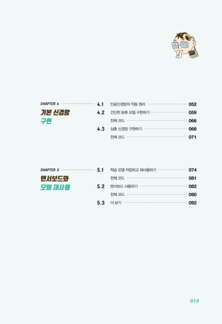 013
CHAPTER 4
기본 신경망
구현
CHAPTER 5
텐서보드와
모델 재사용
4.1 	 인공신경망의 작동 원리 .....................................
052
4.2 	 간단한 분류 모델 구현하기 .................................
059
	 전체 코드 ........................................................
066
4.3 	 심층 신경망 구현하기 ........................................
068
	 전체 코드 ........................................................
071
5.1 	 학습 모델 저장하고 재사용하기 ............................
074
	 전체 코드 ........................................................
081
5.2 	 텐서보드 사용하기 ............................................
082
	 전체 코드 ........................................................
090
5.3 	 더 보기 ...........................................................
092
 