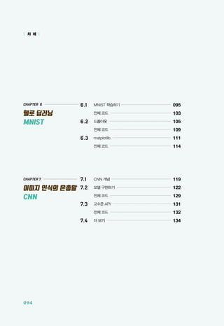 014
CHAPTER 7
이미지 인식의 은총알
CNN
CHAPTER 6
헬로 딥러닝
MNIST
| 차 례 |
6.1 	 MNIST 학습하기 ..............................................
095
	 전체 코드 ........................................................
103
6.2 	 드롭아웃 .........................................................
105
	 전체 코드 ........................................................
109
6.3 	 matplotlib ......................................................
111
	 전체 코드 ........................................................
114
7.1 	 CNN 개념 .......................................................
119
7.2 	 모델 구현하기 ..................................................
122
	 전체 코드 ........................................................
129
7.3 	 고수준 API ......................................................
131
	 전체 코드 ........................................................
132
7.4 	 더 보기 ...........................................................
134
 