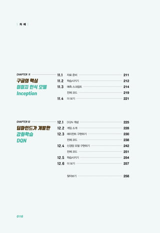 016
CHAPTER 12
딥마인드가 개발한
강화학습
DQN
CHAPTER 11
구글의 핵심
이미지 인식 모델
Inception
| 차 례 |
11.1 	 자료 준비 ........................................................
211
11.2 	 학습시키기 ......................................................
212
11.3 	 예측 스크립트 ..................................................
214
	 전체 코드 ........................................................
219
11.4 	 더 보기 ...........................................................
221
12.1 	 DQN 개념 .......................................................
225
12.2 	 게임 소개 ........................................................
228
12.3 	에이전트 구현하기 ............................................
230
	 전체 코드 ........................................................
238
12.4 	 신경망 모델 구현하기 ........................................
242
	 전체 코드 ........................................................
251
12.5 	 학습시키기 ......................................................
254
12.6 	더 보기 ...........................................................
257
	 찾아보기 .........................................................
258
 