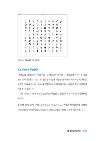 6장 헬로 딥러닝 MNIST 095
그림 6-1 MNIST 숫자 이미지
6.1 MNIST 학습하기
MNIST 데이터셋이 비록 매우 잘 정리되어 있지만, 사용하려면 데이터를 내려
받고 읽어 들이고 나누고 또 신경망 학습에 적합한 형식으로 처리하는 번거로운
과정을 거쳐야 합니다. 물론 예상하셨다시피 텐서플로를 이용하면 쉽고 간편하게
사용할 수 있습니다.
그럼 이제부터 얼마나 쉽게 손글씨를 학습할 수 있는지 직접 코드를 작성해보겠
습니다.
1 	가장 먼저 언제나처럼 텐서플로를 임포트하고, 추가로 텐서플로에 내장된
tensorflow.examples.tutorials.mnist.input_data 모듈을 임포트합니다.
 