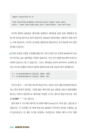 096 골빈해커의 3분 딥러닝
import tensorflow as tf
from tensorflow.examples.tutorials.mnist import input_data
mnist = input_data.read_data_sets(./mnist/data/, one_hot=True)
마지막 줄에서 MNIST 데이터를 내려받고 레이블을 동물 분류 예제에서 본
원-핫 인코딩 방식으로 읽어 들입니다. MNIST 데이터셋을 사용하기 위한 준비
는 이게 끝입니다. 우리의 손가락을 평안하게 만들어주신 선구자들께 다시 한번
감사를 드립시다.
2 	이제 신경망 모델을 구성해보겠습니다. 앞서 말씀드린 것처럼 MNIST의 손글
씨 이미지는 28&times;28픽셀로 이뤄져 있습니다. 이는 다시 말해 784개의 특징으로
이뤄져 있다고도 할 수 있습니다. 그리고 레이블은 0부터 9까지이니 10개의 분
류로 나누면 되겠죠? 따라서 입력과 출력인 X와 Y를 다음과 같이 정의합니다.
X = tf.placeholder(tf.float32, [None, 784])
Y = tf.placeholder(tf.float32, [None, 10])
여기서 잠시&hellip;, 이미지를 하나씩 학습시키는 것보다 여러 개를 한꺼번에 학습시
키는 쪽이 효과가 좋지만, 그만큼 많은 메모리와 높은 컴퓨팅 성능이 뒷받침돼야
합니다. 따라서 일반적으로 데이터를 적당한 크기로 잘라서 학습시키는데, 이것
을 미니배치minibatch
라고 합니다.
앞의 X와 Y 코드에서 텐서의 첫 번째 차원이 None으로 되어 있는 것을 볼 수
있습니다. 이 자리에는 한 번에 학습시킬 MNIST 이미지의 개수를 지정하는 값
이 들어갑니다. 즉, 배치 크기를 지정하는 자리입니다. 원하는 배치 크기로 정확
 