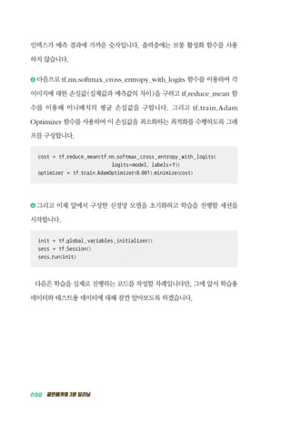 098 골빈해커의 3분 딥러닝
인덱스가 예측 결과에 가까운 숫자입니다. 출력층에는 보통 활성화 함수를 사용
하지 않습니다.
3 	다음으로 tf.nn.softmax_cross_entropy_with_logits 함수를 이용하여 각
이미지에 대한 손실값(실제값과 예측값의 차이)을 구하고 tf.reduce_mean 함
수를 이용해 미니배치의 평균 손실값을 구합니다. 그리고 tf.train.Adam
Optimizer 함수를 사용하여 이 손실값을 최소화하는 최적화를 수행하도록 그래
프를 구성합니다.
cost = tf.reduce_mean(tf.nn.softmax_cross_entropy_with_logits(
	 logits=model, labels=Y))
optimizer = tf.train.AdamOptimizer(0.001).minimize(cost)
4 	그리고 이제 앞에서 구성한 신경망 모델을 초기화하고 학습을 진행할 세션을
시작합니다.
init = tf.global_variables_initializer()
sess = tf.Session()
sess.run(init)
다음은 학습을 실제로 진행하는 코드를 작성할 차례입니다만, 그에 앞서 학습용
데이터와 테스트용 데이터에 대해 잠깐 알아보도록 하겠습니다.
 