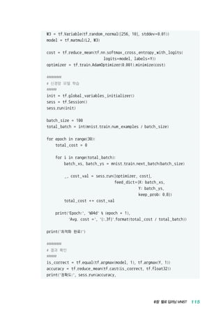 6장 헬로 딥러닝 MNIST 115
W3 = tf.Variable(tf.random_normal([256, 10], stddev=0.01))
model = tf.matmul(L2, W3)
cost = tf.reduce_mean(tf.nn.softmax_cross_entropy_with_logits(
		 logits=model, labels=Y))
optimizer = tf.train.AdamOptimizer(0.001).minimize(cost)
#########
# 신경망 모델 학습
######
init = tf.global_variables_initializer()
sess = tf.Session()
sess.run(init)
batch_size = 100
total_batch = int(mnist.train.num_examples / batch_size)
for epoch in range(30):
total_cost = 0
for i in range(total_batch):
batch_xs, batch_ys = mnist.train.next_batch(batch_size)
_, cost_val = sess.run([optimizer, cost],
feed_dict={X: batch_xs,
Y: batch_ys,
keep_prob: 0.8})
total_cost + = cost_val
print('Epoch:', '%04d' % (epoch + 1),
'Avg. cost =', '{:.3f}'.format(total_cost / total_batch))
print('최적화 완료!')
#########
# 결과 확인
######
is_correct = tf.equal(tf.argmax(model, 1), tf.argmax(Y, 1))
accuracy = tf.reduce_mean(tf.cast(is_correct, tf.float32))
print('정확도:', sess.run(accuracy,
 
