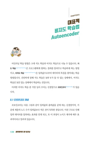 138 골빈해커의 3분 딥러닝
머신러닝 학습 방법은 크게 지도 학습과 비지도 학습으로 나눌 수 있습니다. 지
도 학습supervised learning
은 프로그램에게 원하는 결과를 알려주고 학습하게 하는 방법
이고, 비지도 학습unsupervised learning
은 입력값으로부터 데이터의 특징을 찾아내는 학습
방법입니다. 간단하게 말해 지도 학습은 X와 Y가 둘 다 있는 상태에서, 비지도
학습은 X만 있는 상태에서 학습하는 것입니다.
이러한 비지도 학습 중 가장 널리 쓰이는 신경망으로 오토인코더Autoencoder
가 있습
니다.
8.1 오토인코더 개념
오토인코더는 다음 그림과 같이 입력값과 출력값을 같게 하는 신경망이며, 가
운데 계층의 노드 수가 입력값보다 적은 것이 독특한 점입니다. 이런 구조로 인해
입력 데이터를 압축하는 효과를 얻게 되고, 또 이 과정이 노이즈 제거에 매우 효
과적이라고 알려져 있습니다.
CHAPTER 8
대표적
비지도 학습법
Autoencoder
 