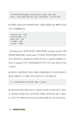 140 골빈해커의 3분 딥러닝
from tensorflow.examples.tutorials.mnist import input_data
mnist = input_data.read_data_sets(./mnist/data/, one_hot=True)
2 	이번에는 다음과 같이 하이퍼파리미터로 사용할 옵션들을 따로 빼내어 코드를
조금 구조화해봤습니다.
learning_rate = 0.01
training_epoch = 20
batch_size = 100
n_hidden = 256
n_input = 28*28
learning_rate는 최적화 함수에서 사용할 학습률, training_epoch는 전체
데이터를 학습할 총횟수, batch_size는 미니배치로 한 번에 학습할 데이터(이미
지)의 개수입니다. n_hidden은 은닉층의 뉴런 개수, n_input은 입력값의 크기
입니다. n_input은 우리가 사용할 MNIST의 이미지 크기가 28&times;28이므로 784
가 됩니다.
3 	다음으로 구현의 핵심인 신경망 모델을 구성해보겠습니다. 먼저 X의 플레이스
홀더를 설정합니다. 이 모델은 비지도 학습이므로 Y 값이 없습니다.
X = tf.placeholder(tf.float32, [None, n_input])
4 	오토인코더의 핵심 모델은 앞서 본 그림처럼 인코더와 디코더를 만드는 것입니
다. 인코더와 디코더를 만드는 방식에 따라 다양한 오토인코더를 만들 수 있습니
다. 우리는 아주 간단한 인코더와 디코더를 만들어보겠습니다. 먼저 인코더입니다.
 