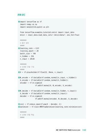 8장 대표적 비지도 학습법 Autoencoder 145
전체 코드
1 	import tensorflow as tf
import numpy as np
import matplotlib.pyplot as plt
from tensorflow.examples.tutorials.mnist import input_data
mnist = input_data.read_data_sets(./mnist/data/, one_hot=True)
#########
# 옵션 설정
######
2 	learning_rate = 0.01
training_epoch = 20
batch_size = 100
n_hidden = 256
n_input = 28*28
#########
# 신경망 모델 구성
######
3 	X = tf.placeholder(tf.float32, [None, n_input])
4 	W_encode = tf.Variable(tf.random_normal([n_input, n_hidden]))
b_encode = tf.Variable(tf.random_normal([n_hidden]))
encoder = tf.nn.sigmoid(
tf.add(tf.matmul(X, W_encode), b_encode))
5 	W_decode = tf.Variable(tf.random_normal([n_hidden, n_input]))
b_decode = tf.Variable(tf.random_normal([n_input]))
decoder = tf.nn.sigmoid(
tf.add(tf.matmul(encoder, W_decode), b_decode))
6 	cost = tf.reduce_mean(tf.pow(X - decoder, 2))
7 	optimizer = tf.train.RMSPropOptimizer(learning_rate).minimize(cost)
#########
# 신경망 모델 학습
######
 