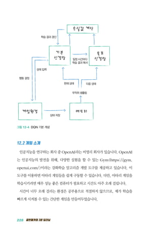 228 골빈해커의 3분 딥러닝
손실값 계산
상태 저장
행동 결정
상태 입력
현재 상태 다음 상태
무작위 샘플링
일정 시간마다
학습 결과 복사
학습 결과 갱신
기본
신경망
목표
신경망
메모리게임환경
그림 12-4 DQN 기본 개념
12.2 게임 소개
인공지능을 연구하는 회사 중 OpenAI라는 비영리 회사가 있습니다. OpenAI
는 인공지능의 발전을 위해, 다양한 실험을 할 수 있는 Gym(https://gym.
openai.com/)이라는 강화학습 알고리즘 개발 도구를 제공하고 있습니다. 이
도구를 이용하면 아타리 게임들을 쉽게 구동할 수 있습니다. 다만, 아타리 게임을
학습시키려면 매우 성능 좋은 컴퓨터가 필요하고 시간도 아주 오래 걸립니다.
시간이 너무 오래 걸리는 환경은 공부용으로 적절하지 않으므로, 제가 학습을
빠르게 시켜볼 수 있는 간단한 게임을 만들어두었습니다.
 