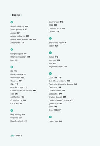 260 찾아보기
| 찾 아 보 기 |
Discriminator 149
DQN 225
DQN 강좌 비디오 257
Dropout 106
E
end-to-end 학습 019
epoch 100
F
feature 019
feed_dict 042
filter 121
fully connect layer 126
G
GAN 148, 172
Gated Recurrent Units 178
Generative Adversarial Network 148
Generator 149
Geoffrey Hinton 057
global_step 077
gradient descent 047
GradientDescentOptimizer 070
ground truth 061
GRU 178
Gym 228, 257
H
hidden layer 068
A
activation function 054
AdamOptimizer 070
AlexNet 021
artificial intelligence 018
artificial neural network 018, 052
Autoencoder 138
B
backpropagation 057
Batch Normalization 111
bias 046
C
Cell 176
checkpoint file 078
classification 059
Cloud ML 134
CNN 118
convolution layer 119
Convolution Neural Network 118
cost 046
cost function 063
Cross-Entropy 063
CUDA 툴킷 027
D
deep learning 018
DeepMind 224
Deep Q-network 225
 