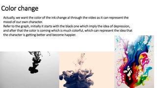 Color change
Actually, we want the color of the ink change al through the video as it can represent the
mood of our own character.
Refer to the graph, initially it starts with the black one which imply the idea of depression,
and after that the color is coming which is much colorful, which can represent the idea that
the character is getting better and become happier.
 