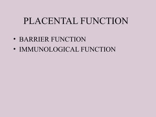 PLACENTAL FUNCTION
• BARRIER FUNCTION
• IMMUNOLOGICAL FUNCTION
 