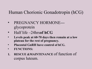 Human Chorionic Gonadotropin (hCG)
• PREGNANCY HORMONE---
glycoprotein
• Half life –24hrsof hCG
• Levels peak at 60-70 days then remain at a low
plateau for the rest of pregnancy.
• Placental GnRH have control of hCG.
• FUNCTIONS:
1. RESCUE &MAINTENANCE of function of
corpus luteum.
 