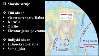  Morske struje
 Tihi okean
 Sjeverno-ekvatorijalna
 Kurošio
 Ojašio
 Ekvatorijalna povratna
 Indijski okean
 Južnoekvatorijalna
 Somalijska
 