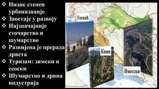  Низак степен
урбанизације
 Заостаје у развоју
 Најзначајније
сточарство и
шумарство
 Развијена је прерада
дрвета
 Туризам: зимски и
сеоски
 Шумарство и дрвна
индустрија
 