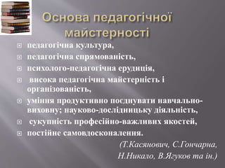  педагогічна культура,
 педагогічна спрямованість,
 психолого-педагогічна ерудиція,
 висока педагогічна майстерність і
організованість,
 уміння продуктивно поєднувати навчально-
виховну; науково-дослідницьку діяльність,
 сукупність професійно-важливих якостей,
 постійне самовдосконалення.
(Т.Касянович, С.Гончарна,
Н.Никало, В.Ягуков та ін.)
 