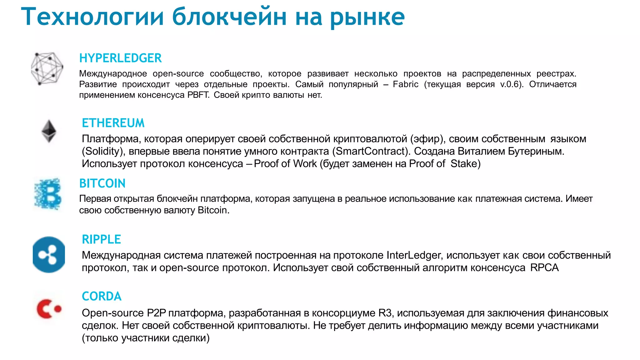 HYPERLEDGER
Международное open-source сообщество, которое развивает несколько проектов на распределенных реестрах.
Развитие происходит через отдельные проекты. Самый популярный – Fabric (текущая версия v.0.6). Отличается
применением консенсуса PBFT. Своей крипто валюты нет.
ETHEREUM
Платформа, которая оперирует своей собственной криптовалютой (эфир), своим собственным языком
(Solidity), впервые ввела понятие умного контракта (SmartContract). Создана Виталием Бутериным.
Использует протокол консенсуса – Proof of Work (будет заменен на Proof of Stake)
BITCOIN
Первая открытая блокчейн платформа, которая запущена в реальное использование как платежная система. Имеет
свою собственную валюту Bitcoin.
RIPPLE
Международная система платежей построенная на протоколе InterLedger, использует как свои собственный
протокол, так и open-source протокол. Использует свой собственный алгоритм консенсуса RPCA
CORDA
Open-source P2P платформа, разработанная в консорциуме R3, используемая для заключения финансовых
сделок. Нет своей собственной криптовалюты. Не требует делить информацию между всеми участниками
(только участники сделки)
Технологии блокчейн на рынке
 