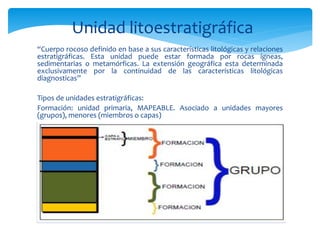 “Cuerpo rocoso definido en base a sus características litológicas y relaciones
estratigráficas. Esta unidad puede estar formada por rocas ígneas,
sedimentarias o metamórficas. La extensión geográfica esta determinada
exclusivamente por la continuidad de las características litológicas
diagnosticas”
Tipos de unidades estratigráficas:
Formación: unidad primaria, MAPEABLE. Asociado a unidades mayores
(grupos), menores (miembros o capas)
Unidad litoestratigráfica
 