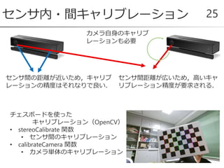 センサ内・間キャリブレーション 25
センサ間の距離が近いため，キャリブ
レーションの精度はそれなりで良い．
センサ間距離が広いため，高いキャ
リブレーション精度が要求される．
チェスボードを使った
キャリブレーション（OpenCV）
• stereoCalibrate 関数
• センサ間のキャリブレーション
• calibrateCamera 関数
• カメラ単体のキャリブレーション
カメラ自身のキャリブ
レーションも必要
 