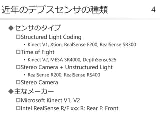 センサのタイプ
Structured Light Coding
• Kinect V1, Xtion, RealSense F200, RealSense SR300
Time of Fight
• Kinect V2, MESA SR4000, DepthSense525
Stereo Camera + Unstructured Light
• RealSense R200, RealSense RS400
Stereo Camera
主なメーカー
Microsoft Kinect V1, V2
Intel RealSense R/F xxx R: Rear F: Front
近年のデプスセンサの種類 4
 