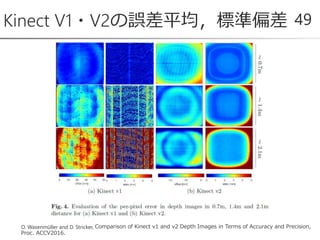 Kinect V1・V2の誤差平均，標準偏差 49
O. Wasenmüller and D. Stricker, Comparison of Kinect v1 and v2 Depth Images in Terms of Accuracy and Precision,
Proc. ACCV2016.
 