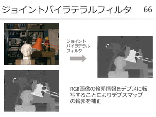 ジョイントバイラテラルフィルタ 66
ジョイント
バイラテラル
フィルタ
RGB画像の輪郭情報をデプスに転
写することによりデプスマップ
の輪郭を補正
 