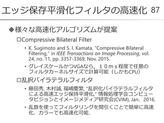 様々な高速化アルゴリズムが提案
Compressive Bilateral Filter
• K. Sugimoto and S. I. Kamata, "Compressive Bilateral
Filtering," in IEEE Transactions on Image Processing, vol.
24, no. 11, pp. 3357-3369, Nov. 2015.
• グレイスケールかつVGAなら，１０ｍｓ程度で任意の
フィルタカーネルサイズで計算可能（しかもCPU）
乱択バイラテラルフィルタ
• 藤田秀, 木村誠, 福嶋慶繁, "乱択化バイラテラルフィルタ
による高速エッジ保持平滑化," 情報処理学会コンピュー
タビジョンとイメージメディア研究会(CVIM), Jan．2016.
• 乱数を使ってフィルタリングを間引くことで簡単に高速
化．カラーでも高速化可能．
エッジ保存平滑化フィルタの高速化 87
 