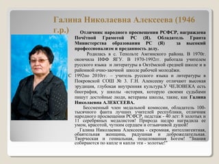 Отличник народного просвещения РСФСР, награждена
Почётной Грамотой РС (Я). Обладатель Гранта
Министерства образования РС (Я) за высокий
профессионализм и преданность делу.
Родилась в с. Тепольте Амгинского района. В 1970г.
окончила ИФФ ЯГУ. В 1970-1992гг. работала учителем
русского языка и литературы в Октёмской средней школе и в
районной очно-заочной школе рабочей молодёжи.
С 1992по 2010гг. – учитель русского языка и литературы в
Покровской СОШ № 3. Г.Н. Алексееву отличают высокая
эрудиция, глубокая внутренняя культура.У ЧЕЛОВЕКА есть
биография, у школы -история, которую своими судьбами
пишут достойные люди, ветераны школы, такие, как Галина
Николаевна АЛЕКСЕЕВА.
Бессменный член медальной комиссии, обладатель 100-
тысячного фанта лучших учителей республики, отличник
народного просвещения РСФСР, педстаж - 40 лет: 8 золотых и
11 серебряных медалистов! Природа щедро наградила ее
умом, красотой, чутким сердцем и отзывчивой душой!
Галина Николаевна Алексеева - скромная, интеллигентная,
обаятельная женщина, радушная и доброжелательная.
Творческая и гениальная, поцелованная Богом! "Знания
собираются по капле и капли эти - золотые!"
Галина Николаевна Алексеева (1946
г.р.)
 